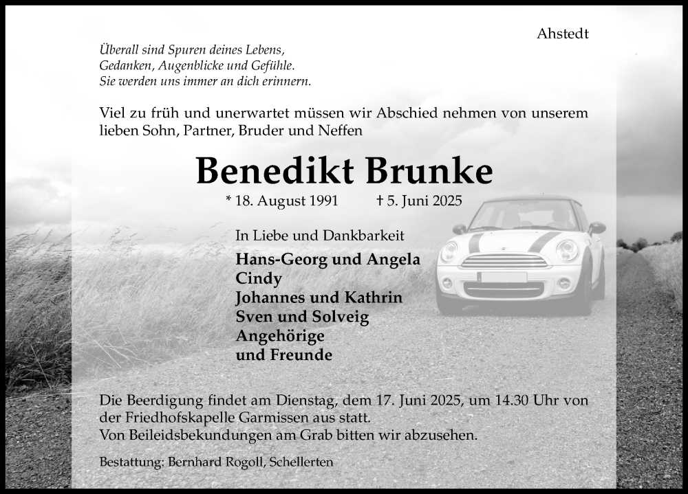  Traueranzeige für Benedikt Brunke vom 14.06.2025 aus Hildesheimer Allgemeine Zeitung