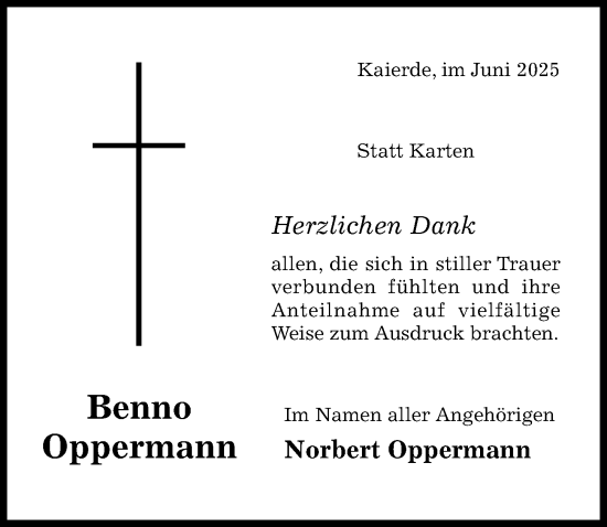 Traueranzeige von Benno Oppermann von Hildesheimer Allgemeine Zeitung