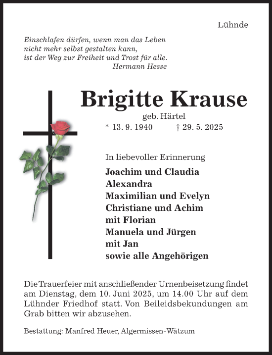 Traueranzeige von Brigitte Krause von Hildesheimer Allgemeine Zeitung