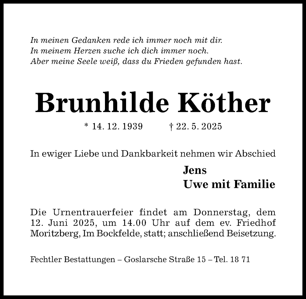  Traueranzeige für Brunhilde Köther vom 04.06.2025 aus Hildesheimer Allgemeine Zeitung