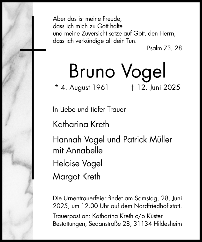  Traueranzeige für Bruno Vogel vom 21.06.2025 aus Hildesheimer Allgemeine Zeitung