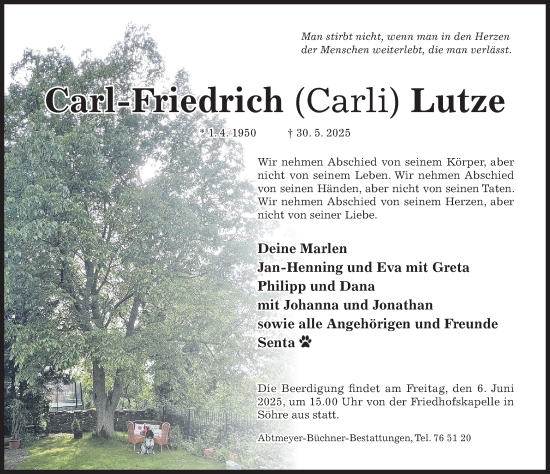 Traueranzeige von Carl-Friedrich Lutze von Hildesheimer Allgemeine Zeitung