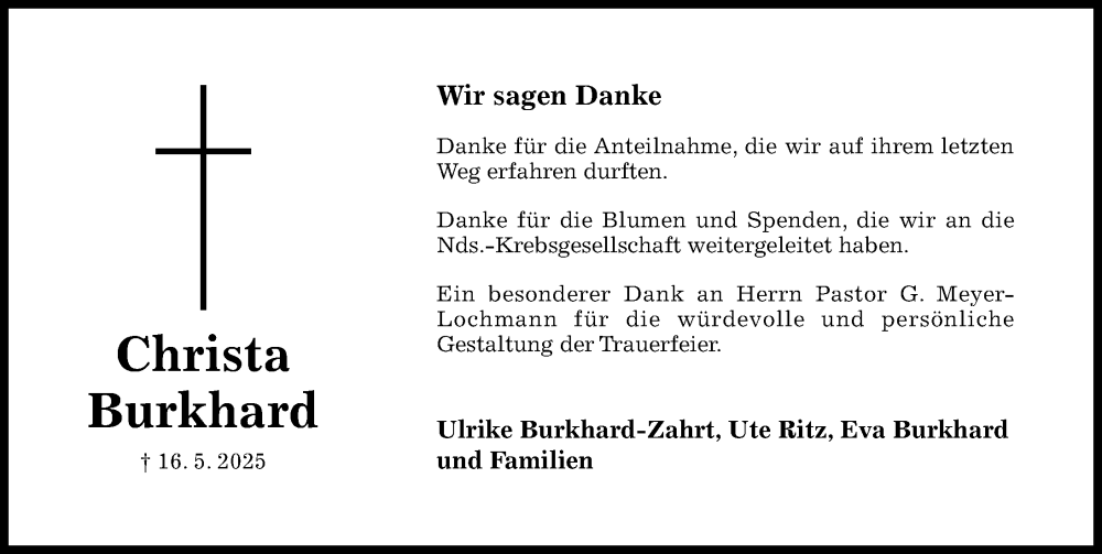  Traueranzeige für Christa Burkhard vom 18.06.2025 aus Hildesheimer Allgemeine Zeitung
