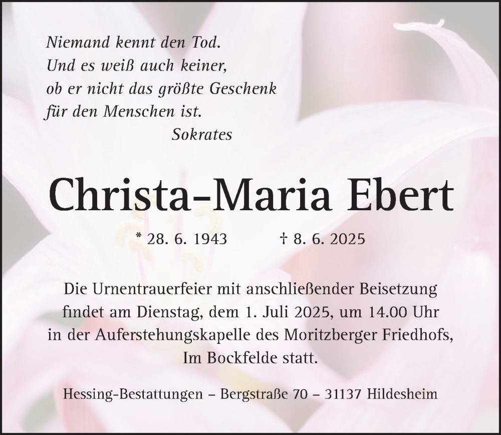  Traueranzeige für Christa-Maria Ebert vom 25.06.2025 aus Hildesheimer Allgemeine Zeitung