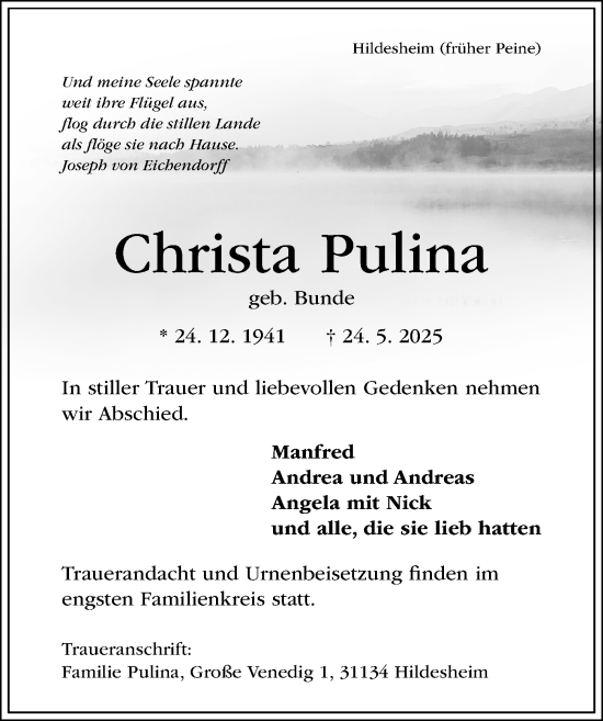 Traueranzeige von Christa Pulina von Hildesheimer Allgemeine Zeitung