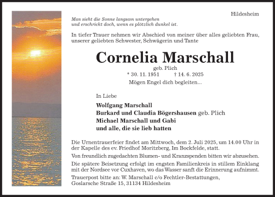 Traueranzeige von Cornelia Marschall von Hildesheimer Allgemeine Zeitung