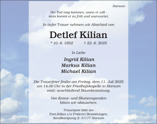 Traueranzeige von Detlef Kilian von Hildesheimer Allgemeine Zeitung