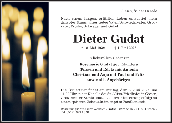 Traueranzeige von Dieter Gudat von Hildesheimer Allgemeine Zeitung