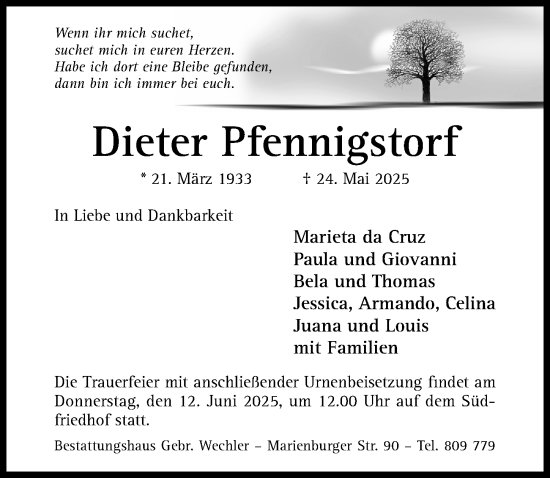 Traueranzeige von Dieter Pfennigstorf von Hildesheimer Allgemeine Zeitung