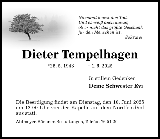 Traueranzeige von Dieter Tempelhagen von Hildesheimer Allgemeine Zeitung