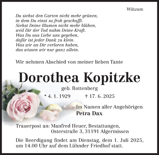 Traueranzeige von Dorothea Kopitzke von Hildesheimer Allgemeine Zeitung