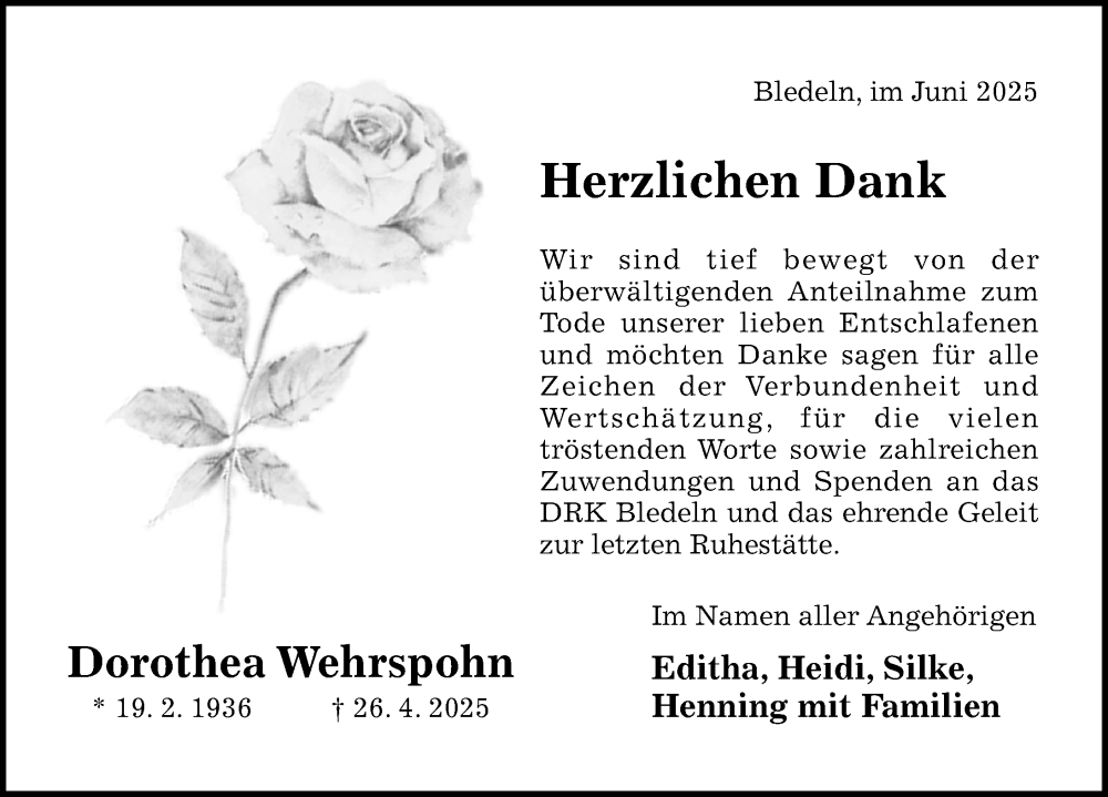  Traueranzeige für Dorothea Wehrspohn vom 14.06.2025 aus Hildesheimer Allgemeine Zeitung