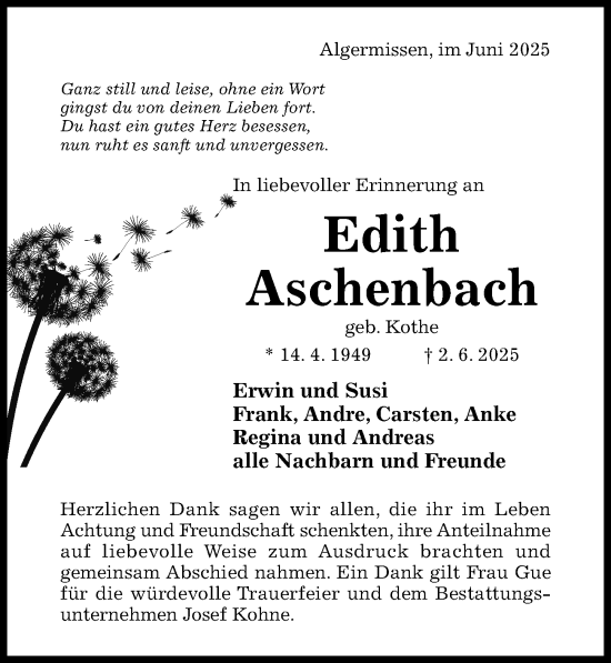 Traueranzeige von Edith Aschenbach von Hildesheimer Allgemeine Zeitung