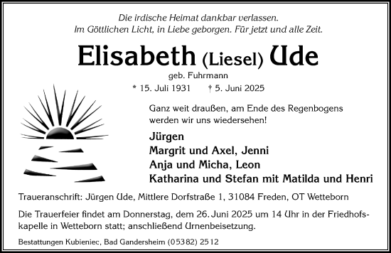 Traueranzeige von Elisabeth Ude von Hildesheimer Allgemeine Zeitung