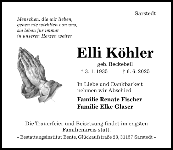 Traueranzeige von Elli Köhler von Hildesheimer Allgemeine Zeitung