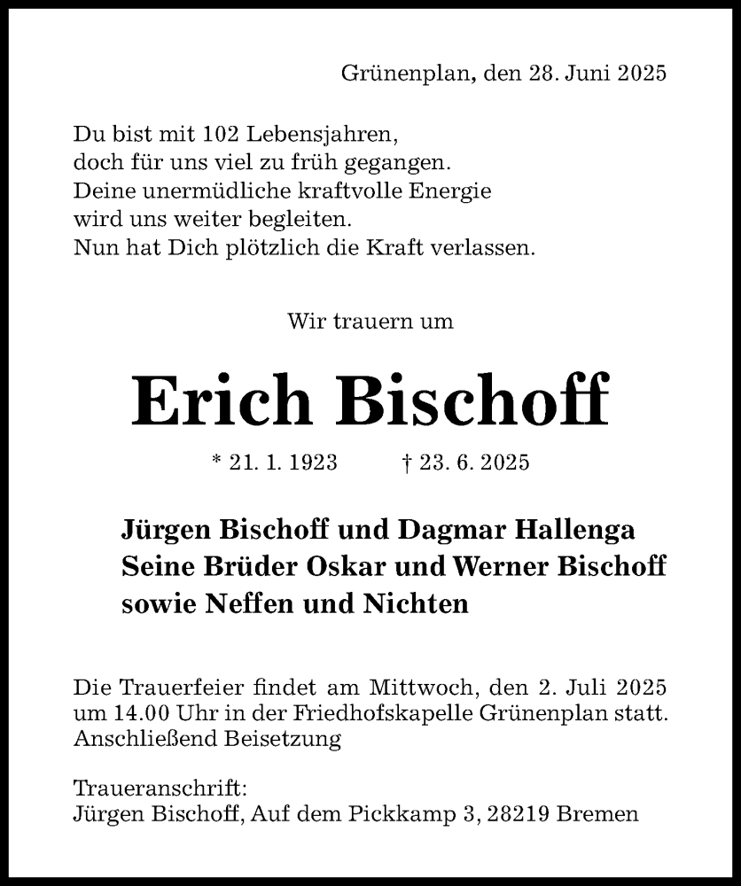  Traueranzeige für Erich Bischoff vom 28.06.2025 aus Hildesheimer Allgemeine Zeitung