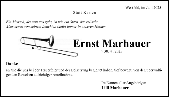 Traueranzeige von Ernst Marhauer von Hildesheimer Allgemeine Zeitung