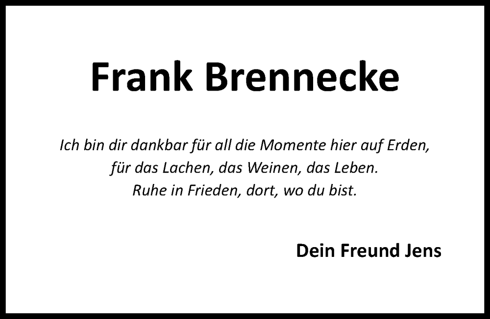  Traueranzeige für Frank Brennecke vom 21.06.2025 aus Hildesheimer Allgemeine Zeitung