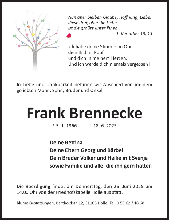 Traueranzeige von Frank Brennecke von Hildesheimer Allgemeine Zeitung