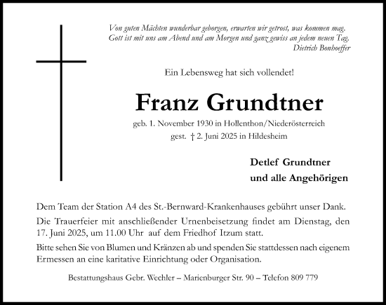 Traueranzeige von Franz Grundtner von Hildesheimer Allgemeine Zeitung