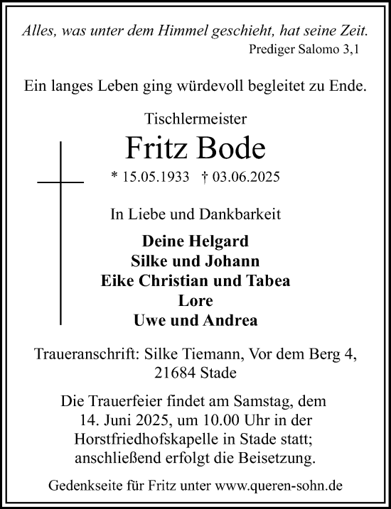 Traueranzeige von Fritz Bode von Hildesheimer Allgemeine Zeitung