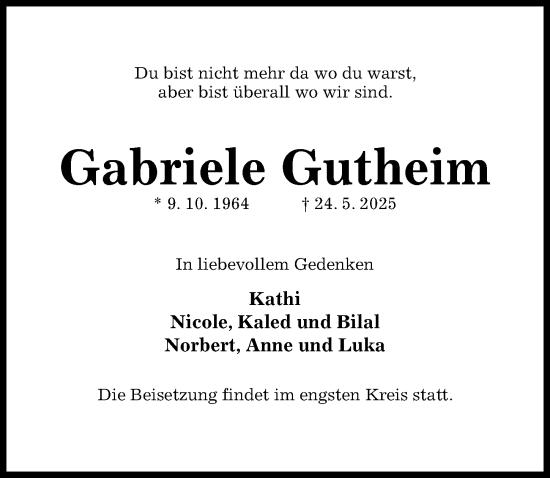 Traueranzeige von Gabriele Gutheim von Hildesheimer Allgemeine Zeitung
