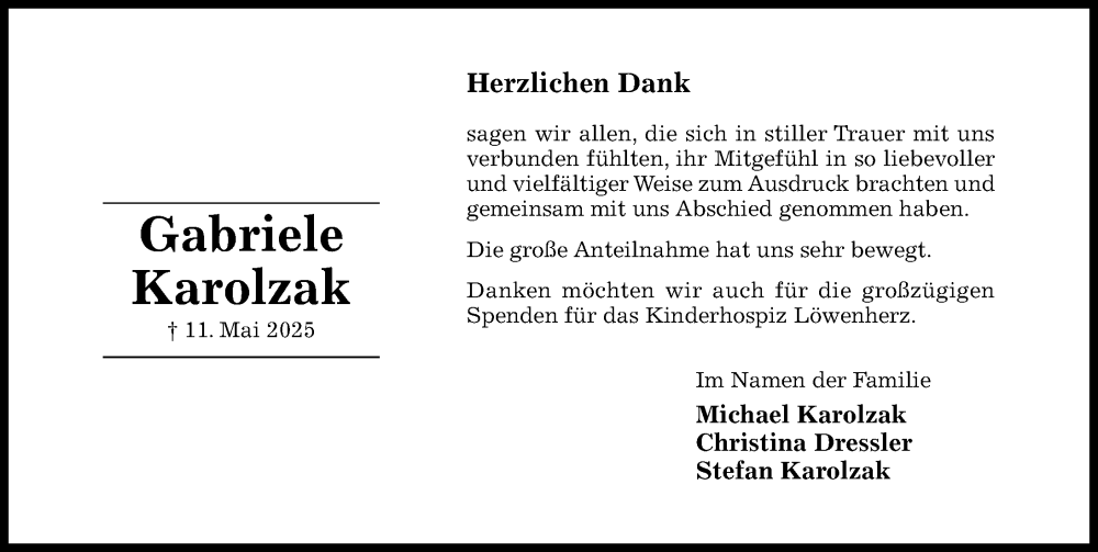  Traueranzeige für Gabriele Karolzak vom 07.06.2025 aus Hildesheimer Allgemeine Zeitung