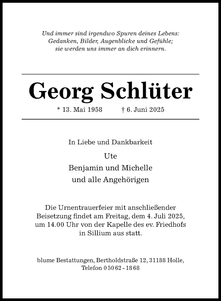  Traueranzeige für Georg Schlüter vom 25.06.2025 aus Hildesheimer Allgemeine Zeitung