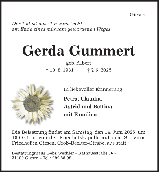 Traueranzeige von Gerda Gummert von Hildesheimer Allgemeine Zeitung