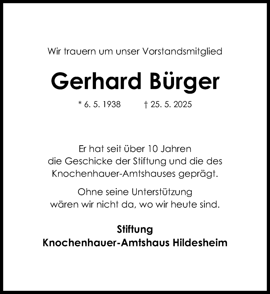  Traueranzeige für Gerhard Bürger vom 07.06.2025 aus Hildesheimer Allgemeine Zeitung