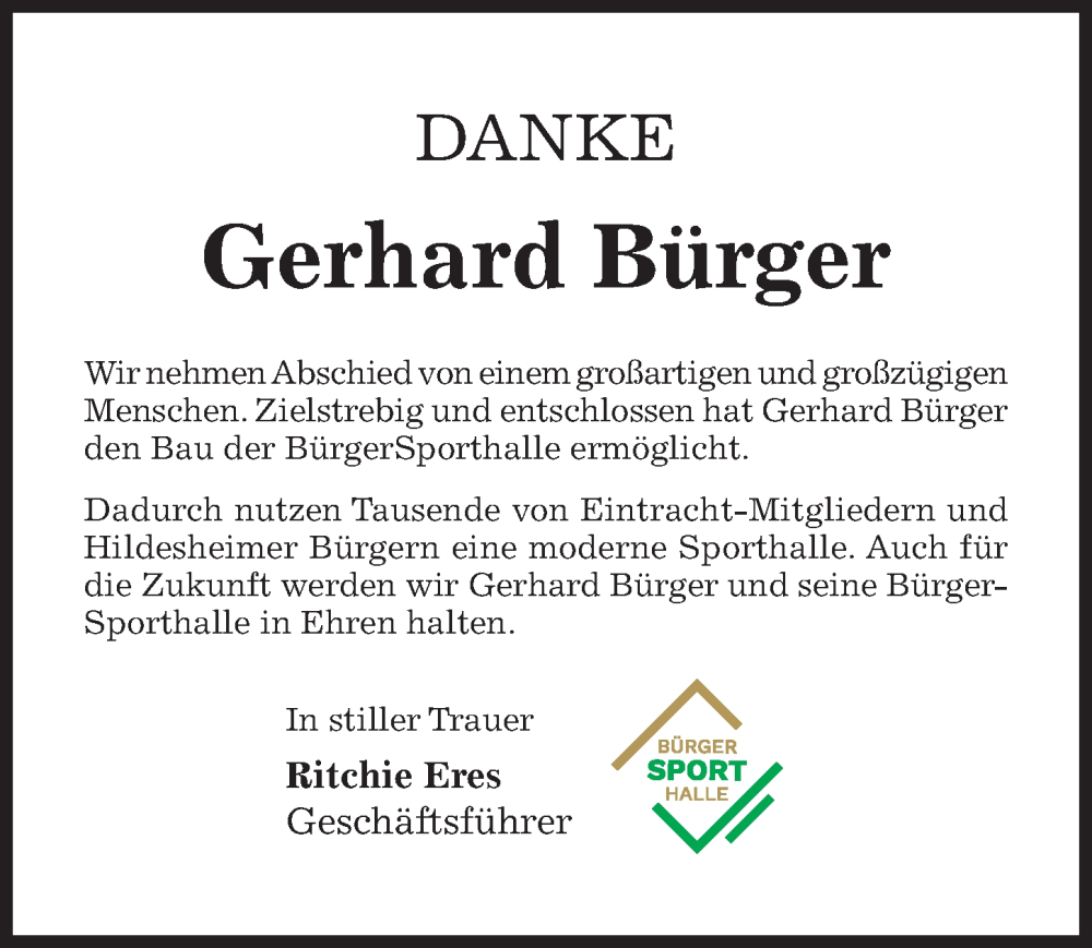  Traueranzeige für Gerhard Bürger vom 07.06.2025 aus Hildesheimer Allgemeine Zeitung