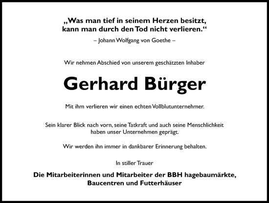Traueranzeige von Gerhard Bürger von Hildesheimer Allgemeine Zeitung