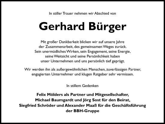 Traueranzeige von Gerhard Bürger von Hildesheimer Allgemeine Zeitung