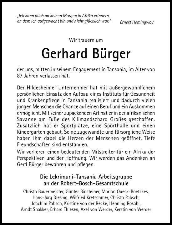 Traueranzeige von Gerhard Bürger von Hildesheimer Allgemeine Zeitung