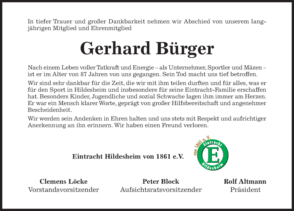  Traueranzeige für Gerhard Bürger vom 07.06.2025 aus Hildesheimer Allgemeine Zeitung
