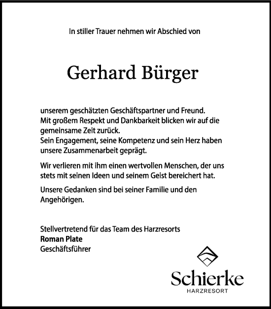 Traueranzeige von Gerhard Bürger von Hildesheimer Allgemeine Zeitung