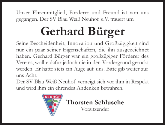 Traueranzeige von Gerhard Bürger von Hildesheimer Allgemeine Zeitung