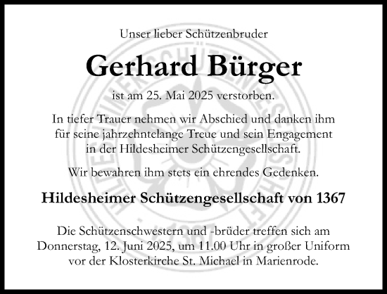 Traueranzeige von Gerhard Bürger von Hildesheimer Allgemeine Zeitung