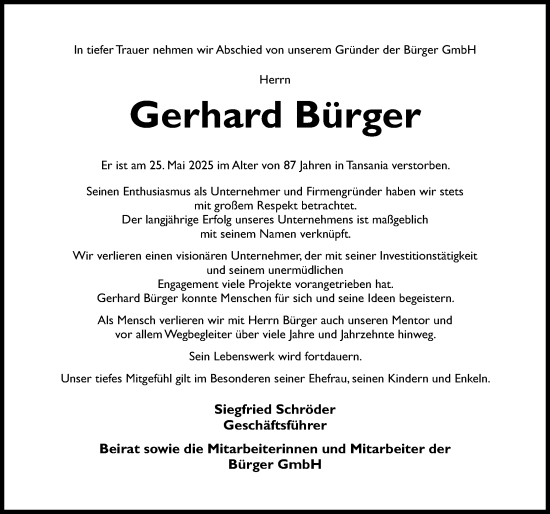 Traueranzeige von Gerhard Bürger von Hildesheimer Allgemeine Zeitung