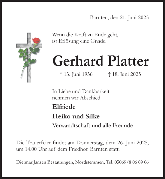 Traueranzeige von Gerhard Platter von Hildesheimer Allgemeine Zeitung