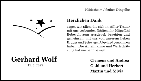 Traueranzeige von Gerhard Wolf von Hildesheimer Allgemeine Zeitung