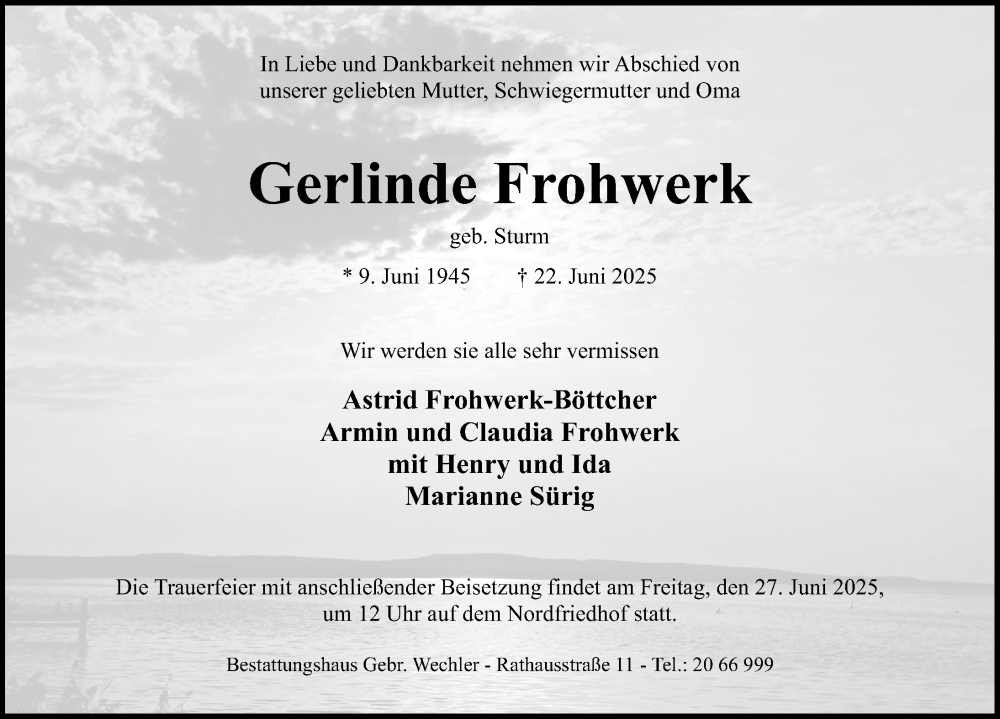  Traueranzeige für Gerlinde Frohwerk vom 25.06.2025 aus Hildesheimer Allgemeine Zeitung