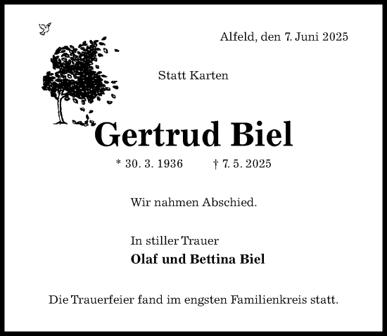 Traueranzeige von Gertrud Biel von Hildesheimer Allgemeine Zeitung