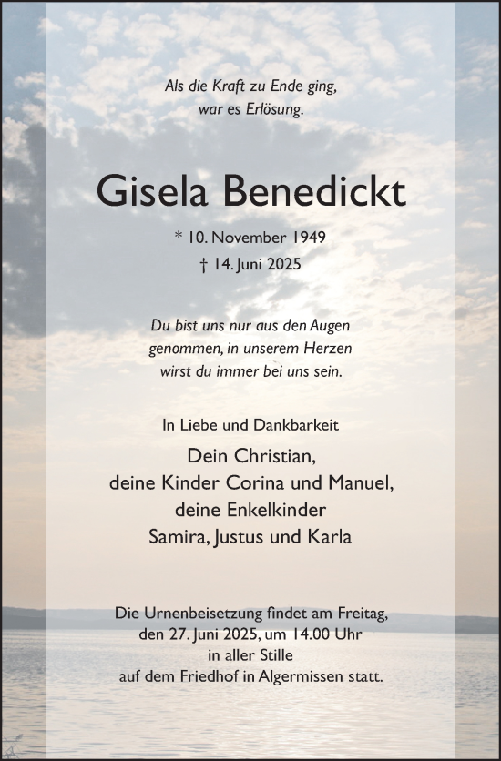 Traueranzeige von Gisela Benedickt von Hildesheimer Allgemeine Zeitung