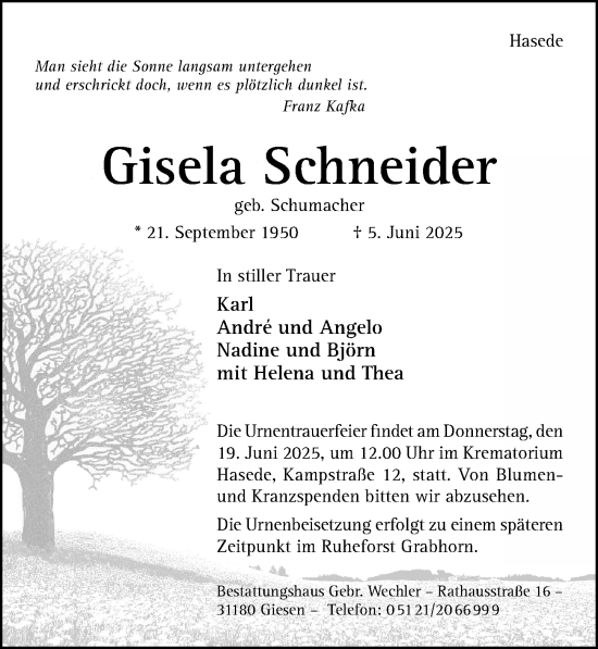 Traueranzeige von Gisela Schneider von Hildesheimer Allgemeine Zeitung