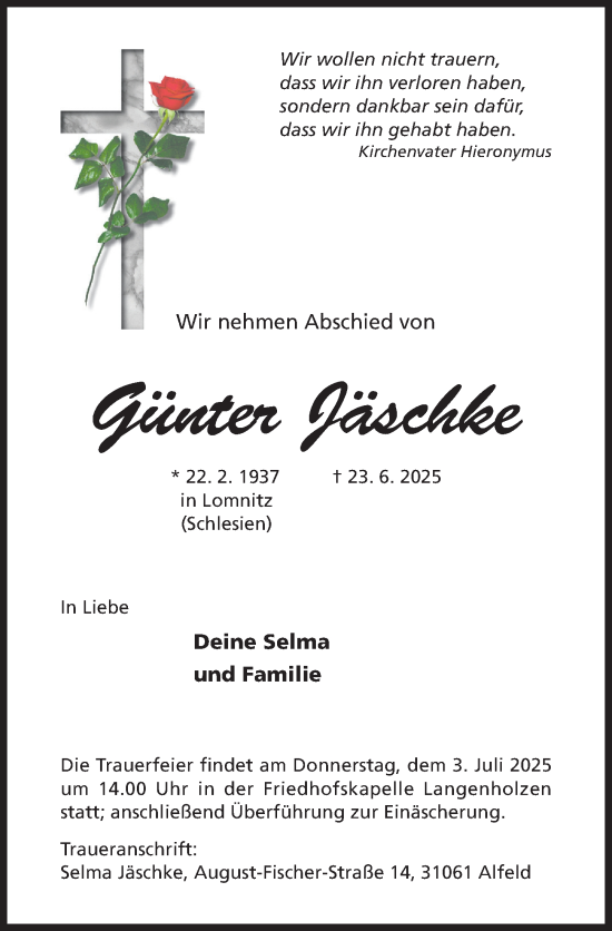 Traueranzeige von Günter Jäschke von Hildesheimer Allgemeine Zeitung