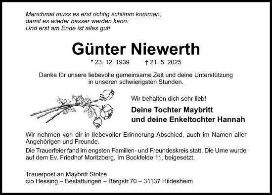Traueranzeige von Günter Niewerth von Hildesheimer Allgemeine Zeitung