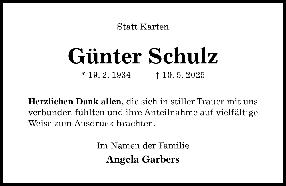 Traueranzeige für Günter Schulz vom 07.06.2025 aus Hildesheimer Allgemeine Zeitung