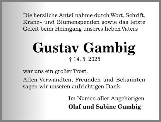 Traueranzeige von Gustav Gambig von Hildesheimer Allgemeine Zeitung