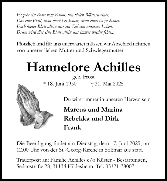 Traueranzeige von Hannelore Achilles von Hildesheimer Allgemeine Zeitung